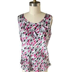 Signature by Larry Levine Pink, Gray & Black Polka Dot Satin Tank, Sz L